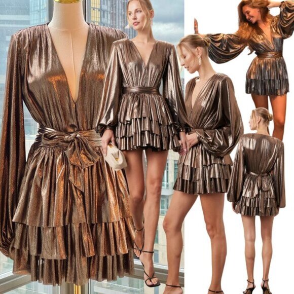 🆕 BRONX & BANCO 🧿 NWOT Bellerose Ruffled Mini Dress, Metallic - Sz M / US 6 - Picture 1 of 15